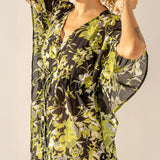 Caftano in cotone con stampa floreale nera