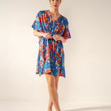 Caftano in cotone con stampa floreale blu