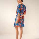 Caftano in cotone con stampa floreale blu