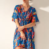 Caftano in cotone con stampa floreale blu