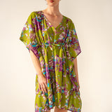 Grüner Baumwoll-Kaftan mit Blumendruck