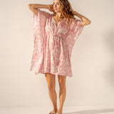 Caftano in cotone con stampa floreale rosa