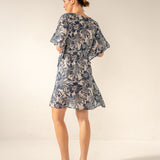 Caftano in cotone con stampa floreale blu