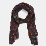 Wool scarf with a black floral print.