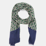 Viscose scarf with a blue geometric print.