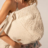 Beige embroidered cotton beach bag